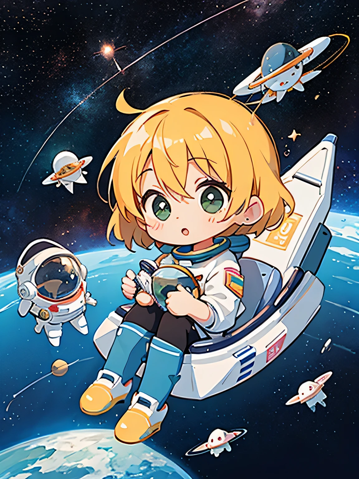 Mika Pikazo style、Kawaii Design, most beautiful girl ever、Chibi, (((Space Explorers)))、Spaceship, Ray firing