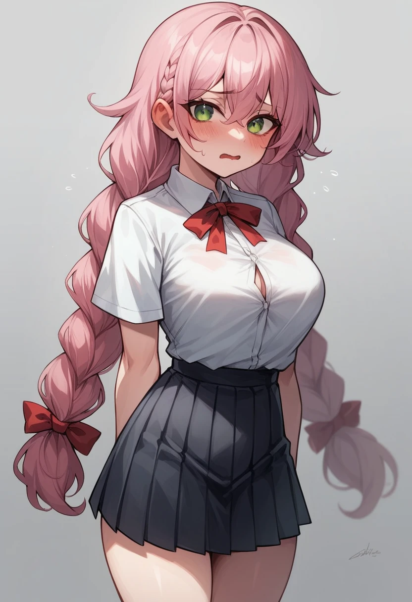 The image is of a beautiful woman wearing a tight fitting black button-up shirt with a short pleated black and white skirt. The school outfit is black with white accents. The woman has long flowing pink hair with strands of braided hair tied with red ribbon throughout. She has gorgeous green eyes that shine like emeralds. Her face is youthful and gorgeous. Her breasts are ample and seem too large for her tight fitting black uniform top. She is short in height but well developed -a short stack. She blushes as you look at her. She's standing in the doorframe to your bedroom. Slightly embarrassed and nervous but also excited to be with you. The image is ultra detailed with gorgeous colors, perfect line work, and detailed shading.