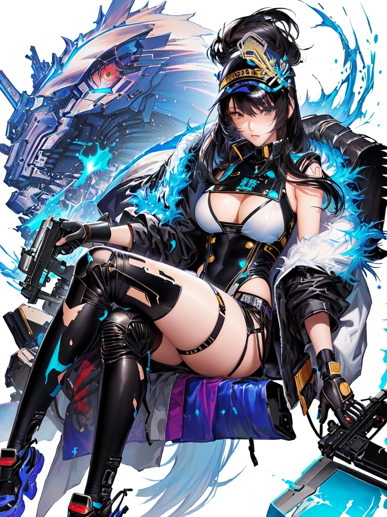 sit on the chair,Anime girl with gun in hand, inspired author:Shirow Masamune, Shirow Masamune的风格, Otomo Shohei, Ultra-detailed comic drawing, color comics style, Detailed comic style, inspired by katsuya terada, Inspired by Hajime Sorayama, Complex comics, author:Shirow Masamune,painting