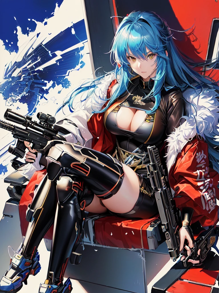 sit on the chair,Anime girl with gun in hand, inspired author:Shirow Masamune, Shirow Masamune的风格, Otomo Shohei, Ultra-detailed comic drawing, color comics style, Detailed comic style, inspired by katsuya terada, Inspired by Hajime Sorayama, Complex comics, author:Shirow Masamune,painting