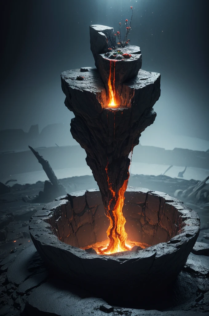 A huge deep abyss made of black stone, incandescent magma, phosphorescent radioactive mineral, it ends in the bottom with a living organic obscurity, abysssanctum, procreation of the wicked, synthetic grotesque,highly detailed, 4k resolution, masterpiece, 3d modelling,digital art, Da Vinci art