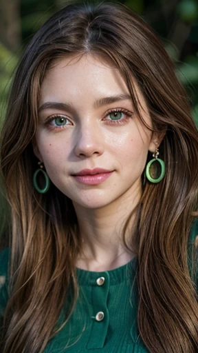 White woman, 35 years old, Brown hair, long hair, messy hair, Nice face, simetric face, Green eyes, Nice body, spider uniform, smile, earrings