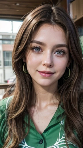 White woman, 35 years old, Brown hair, long hair, messy hair, Nice face, simetric face, Green eyes, Nice body, spider uniform, smile, earrings
