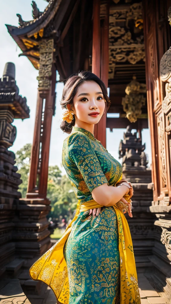 Capture a stunning woman in a vibrant batik dress posing elegantly in front of Prambanan Temple, with the intricate stone carvings and towering spires providing a majestic backdrop