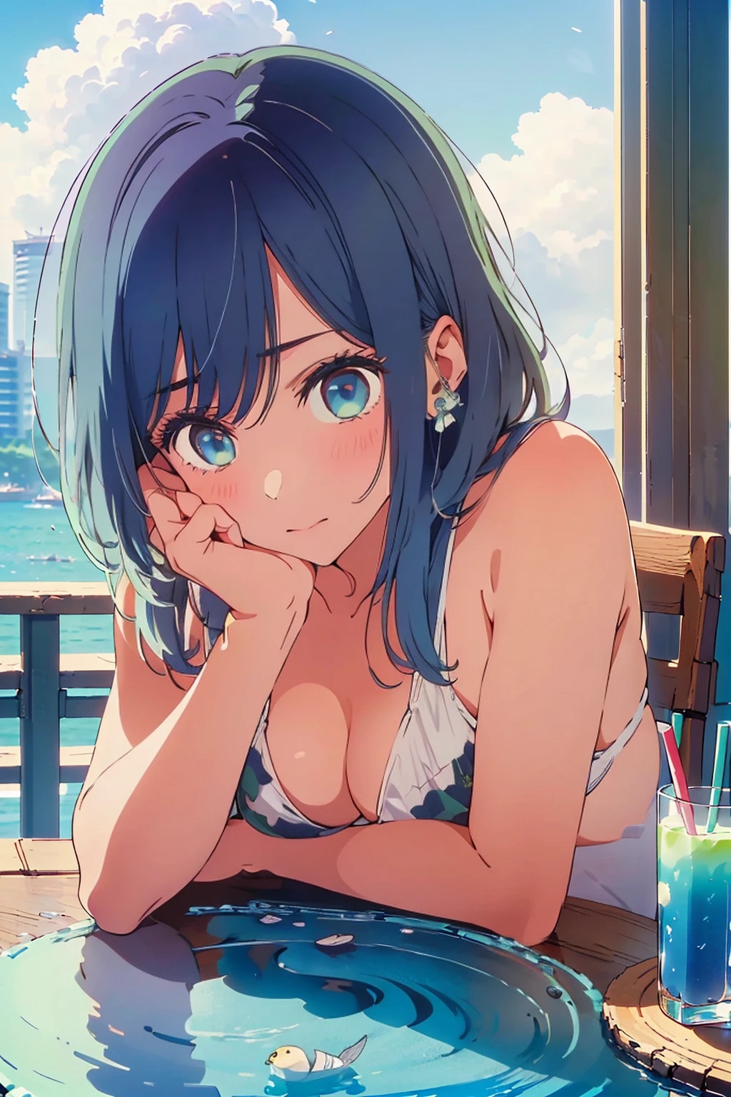 (Highest quality:1.4、8K:1.4、detailed)、F cup bust、Big Breasts、Slim body、Very white beautiful skin、((((1 person、Surprised expression、sit、Chair、In the background are the urban buildings of Tokyo、looking at the camera、Outdoor café terrace、coastal、Navy hair color、juice、White side string high leg bikini、Shooting up close、Shooting from an angle、table、Very cute face))))、(Pose of putting hair behind ears with hands:1.4)、Very blue sky、A completely cloudless sky