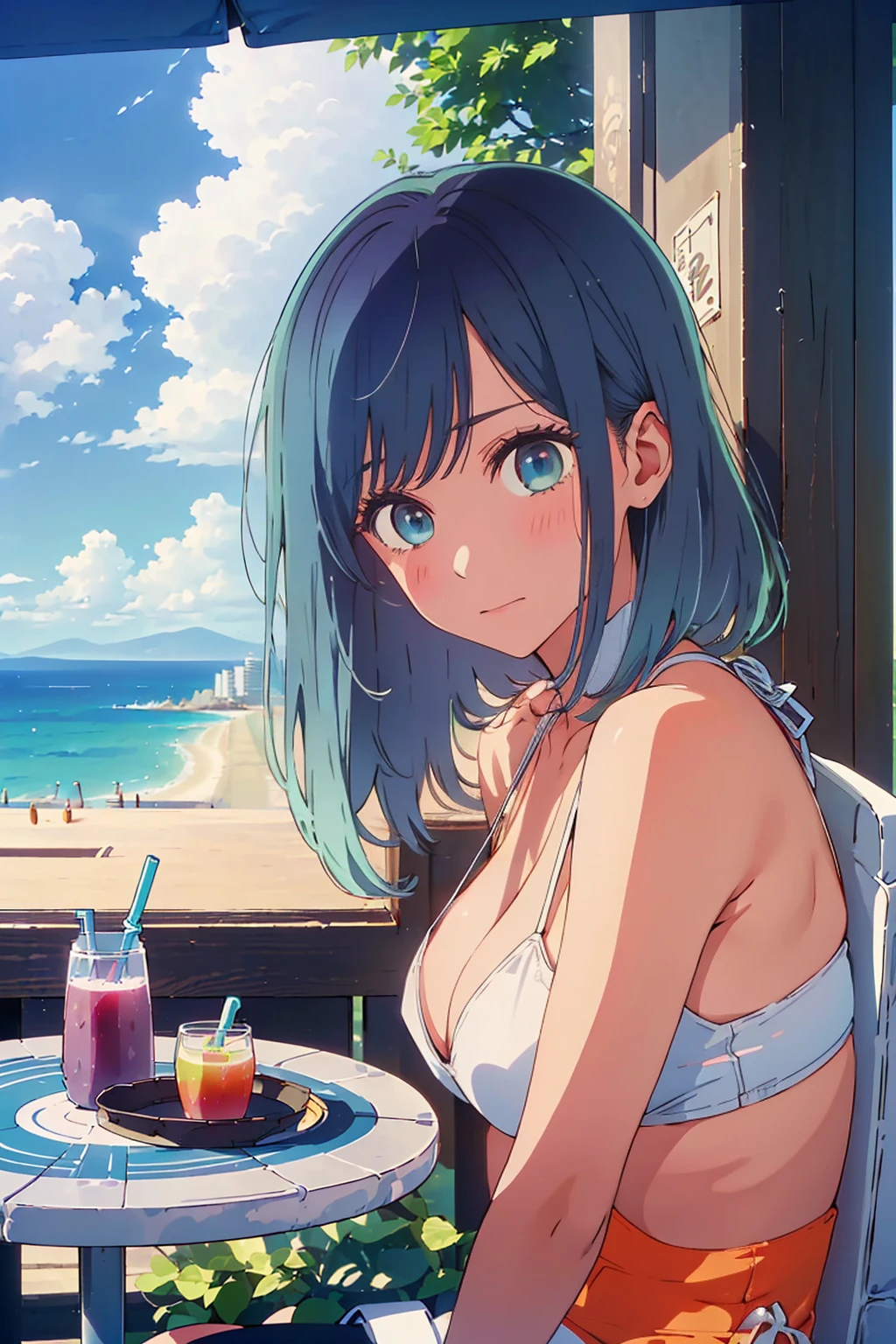 (Highest quality:1.4、8K:1.4、detailed)、F cup bust、Big Breasts、Slim body、Very white beautiful skin、((((1 person、Surprised expression、sit、Chair、In the background are the urban buildings of Tokyo、looking at the camera、Outdoor café terrace、coastal、Navy hair color、juice、White side string high leg bikini、Shooting up close、Shooting from an angle、table、Very cute face))))、(Pose of putting hair behind ears with hands:1.4)、Very blue sky、A completely cloudless sky