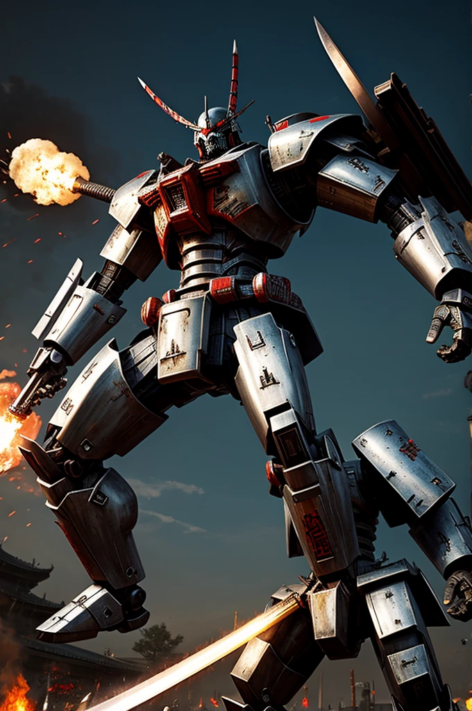 Mecha samurai, long sword, scary face, death claw, machine cannon,