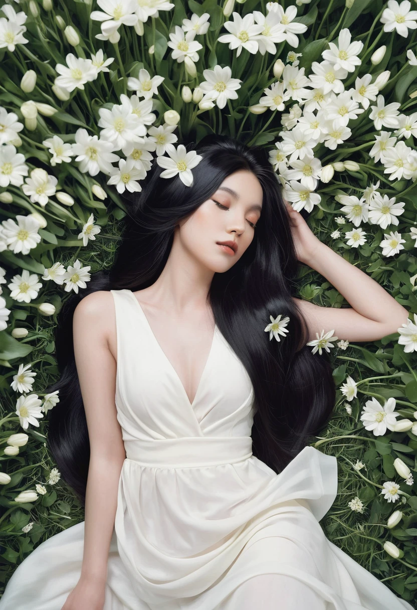 (oil painting:1.5), a woman with long black hair and white flowers in her hair is laying down in a field of white flowers, (amy sol:0.248), (stanley artgerm lau:0.106), (a detailed painting:0.353), (gothic art:0.106)