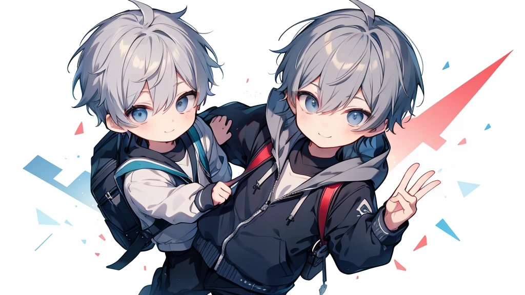 1 boy、Highest quality, Tabletop, Beautiful Face、hoodie、Long trousers、Gray Hair、short hair、whole body、smile、smile、Carrying a school bag、School Background、