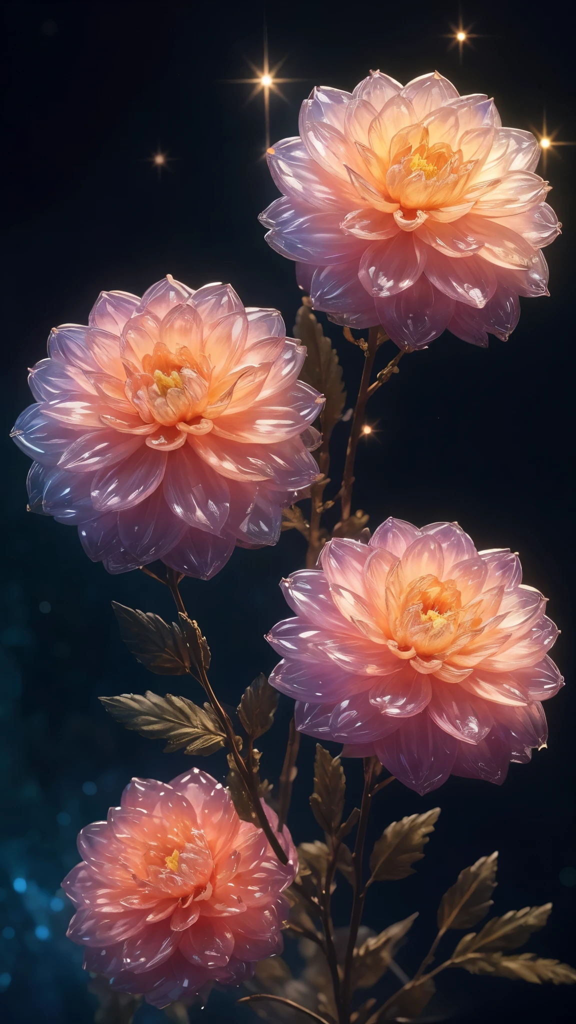 Crystal Blossom Flower,Dahlia Fantasy, Milky Way, transparent,
Sparkling, Sparkling, wonderful, colorful,
Magical Pictures, Dramatic lighting, Photographic realism, Super detailed, 4K, Depth of written boundary, High resolution