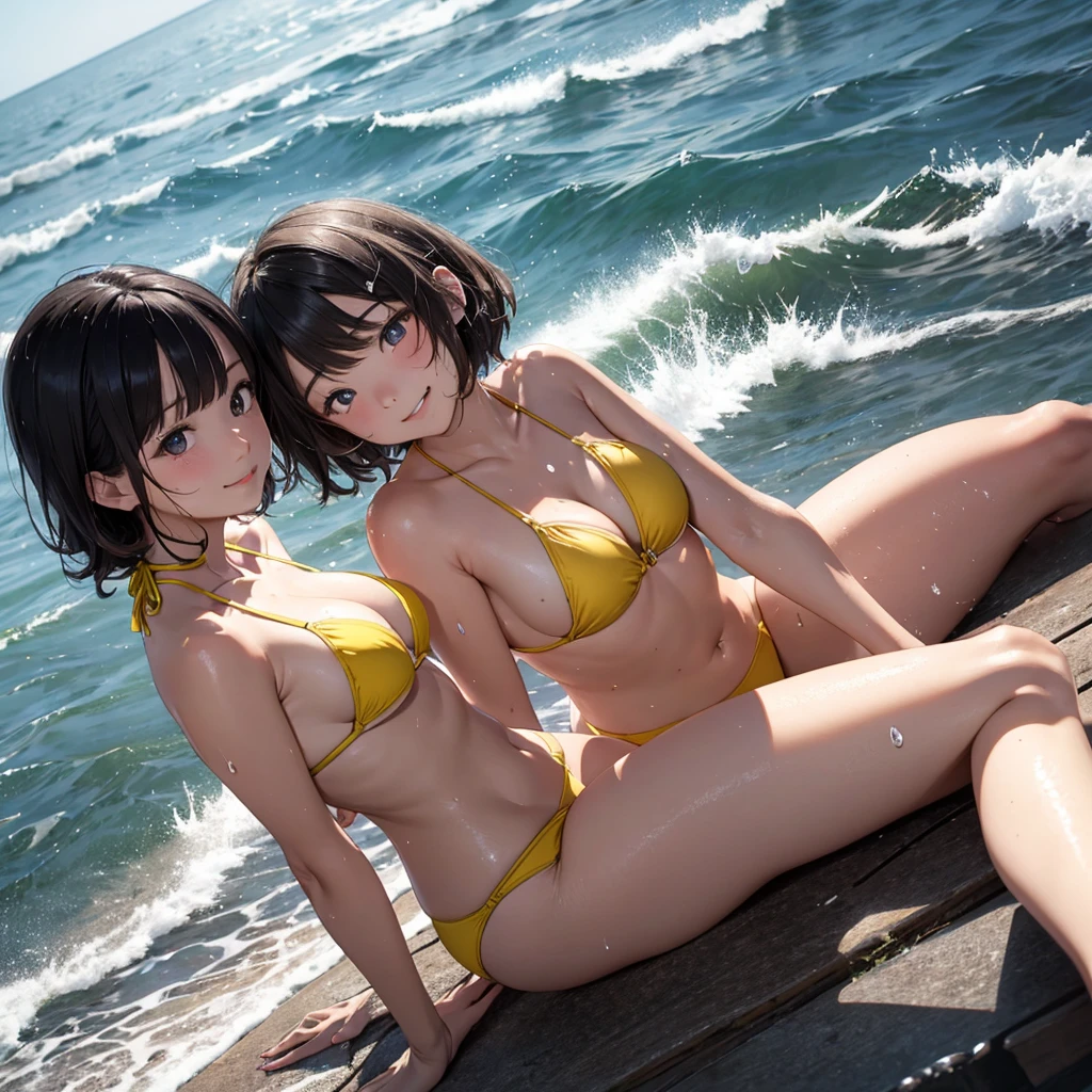 high resolution。High resolution、Low - Angle、masterpiece、Beautiful girl、Cute girl、Micro Bikini、Yellow bikini swimsuit、Girls huddling together、A girl with long hair and a girl with short hair、Dark Eyes、Bright smile、White teeth、Black glossy hair color々Pause、Wet black hair、Your body is wet、Seaside。sitting in the sea、sweating、Hot body、high resolution8K