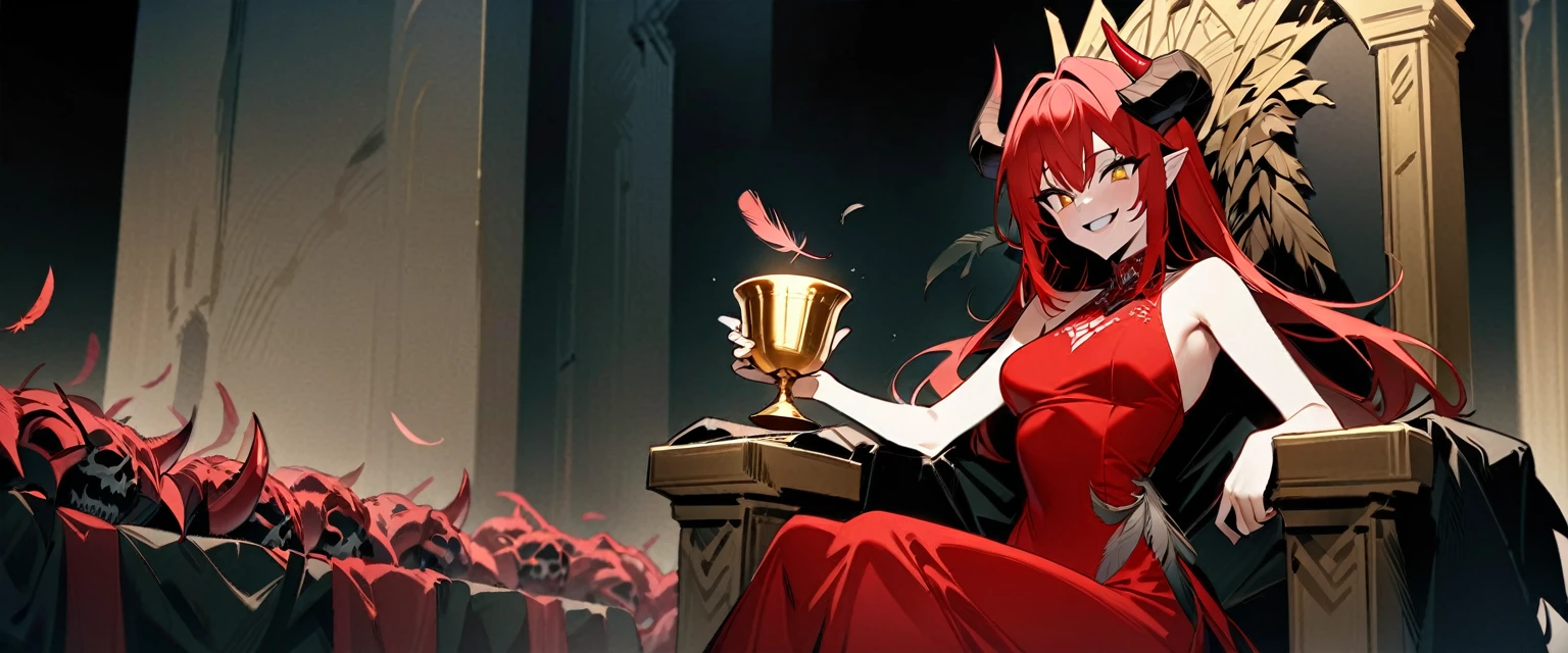 (((masterpiece,Highest quality))),((Smiling red-haired demon anime girl wearing a red one-piece dress and holding a golden cup while sitting on a throne)),((Feathers grow,Horns growing)),((The golden cup is overflowing with poison)),((A throne in the wilderness of the dead,Evil Laugh)),アニメ,b3ks1n