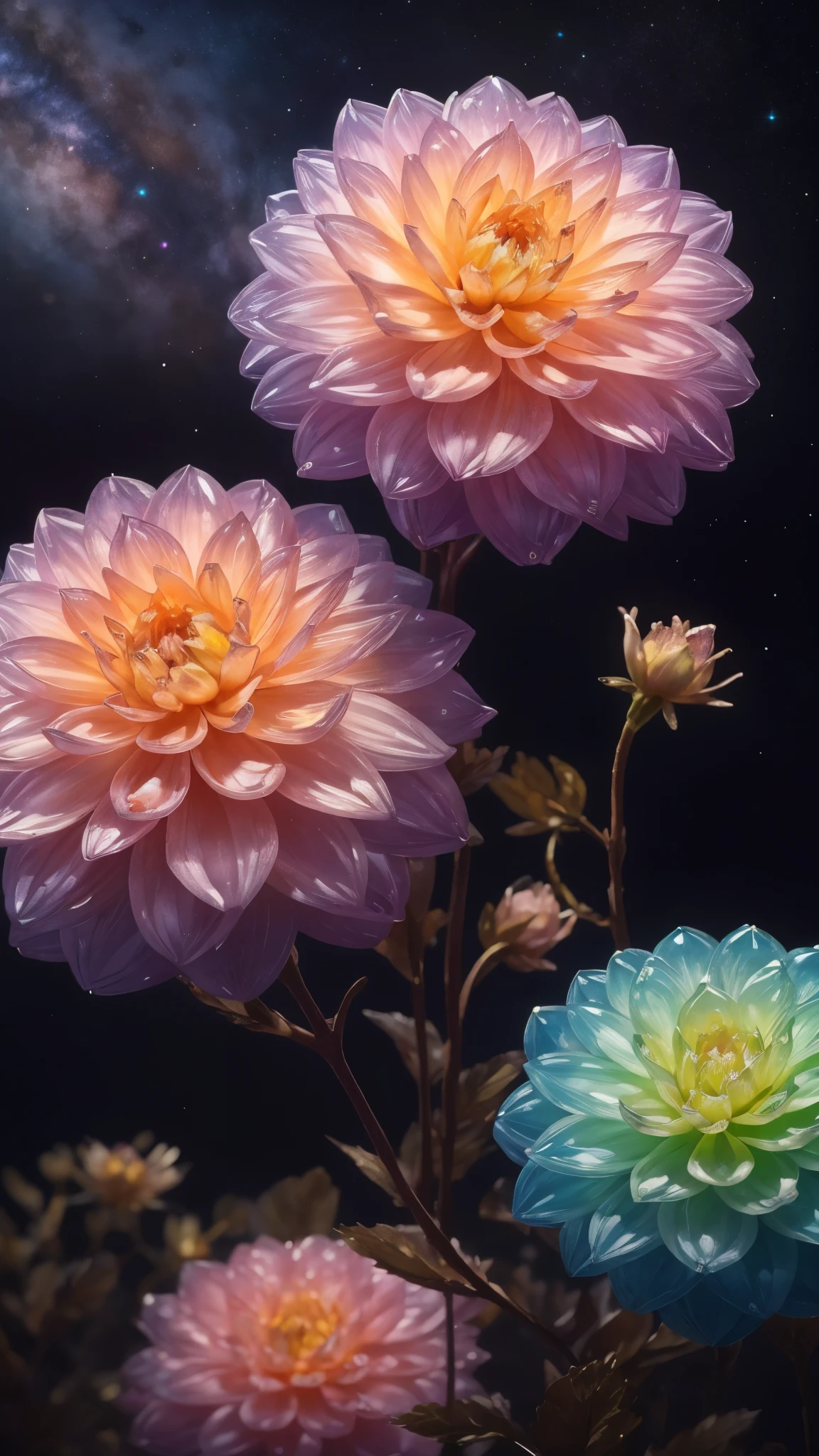 Crystal Blossom Flower,Dahlia Fantasy, Milky Way, transparent,
Sparkling, Sparkling, wonderful, colorful,
Magical Pictures, Dramatic lighting, Photographic realism, Super detailed, 4K, Depth of written boundary, High resolution