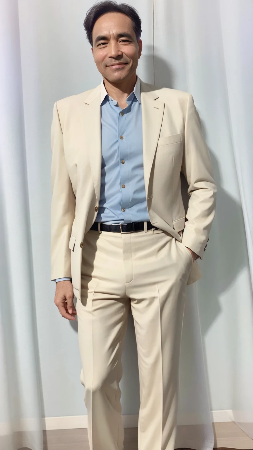 50 years old man， Soft headlights，High-density imaging，（The face is clear and delicate），((White suit))，((Various dynamic poses))，((Full body image))，((Smile))，((Background is white curtain))，best quality，masterpiece，（Soft colors：1.2）