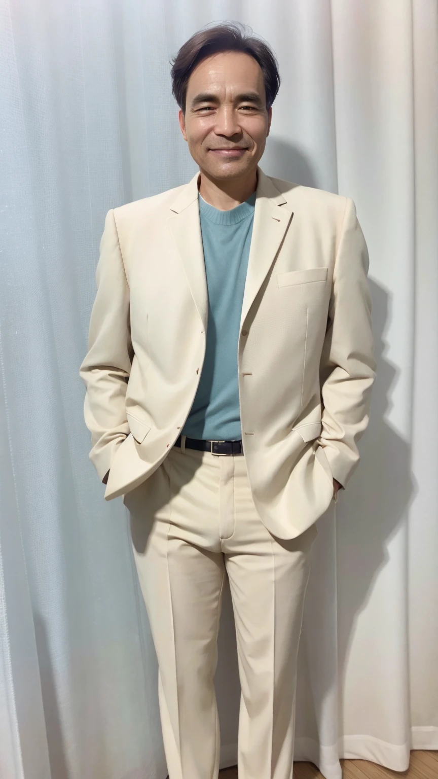 50 years old man， Soft headlights，High-density imaging，（The face is clear and delicate），((White suit))，((Various dynamic poses))，((Full body image))，((Smile))，((Background is white curtain))，best quality，masterpiece，（Soft colors：1.2）