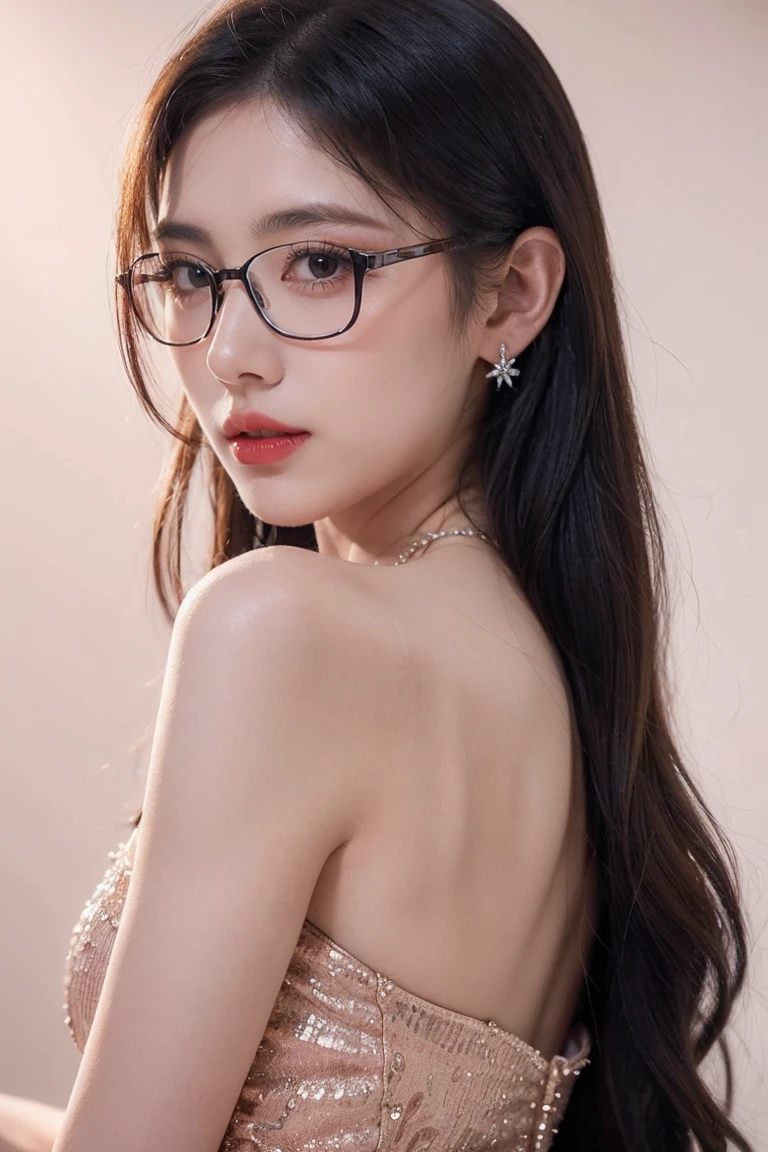 (8k, RAW photos, best quality, tmasterpiece:1.5), (realistic, photograph realistic:1.5), masterpiece, best quality, High detail, Best image quality, super detailed, high resolution, Very detailed, Best quality, Extreme detail description, hyperdetailed painting, (An extremely delicate and beautiful work), ((posing)), Beautiful detailed girl, Very detailed eyes and face, Beautiful detailed eyes, Masterpiece, fair skin, noble beauty, very detailed facial, detailed skin structure, perfect anatomy, ((perfect slender body)), Beautiful detailed whole body, delicate face, exquisite body, fine collar bone, lovely lips, Behind the softness, ((slim waist)), ((large butt)), ((big breasts, big breasts beautiful, big breasts enchanting)), ((smile:0.8)), (seductive look, soulful eyes, glowing eyes), beautiful and dark irises, (shiny layered long smooth hair), (Enchanted expression), (seductive), ((An extremely detailed and elegant Black lace bra, black underwear)), head gear, highly detailed, delicate necklace, Delicate earrings, view over city, the night, professional lighting, photon mapping, New York City, physically-based rendering, ((the body from thighs up)), Wearing glasses, looking to viewer