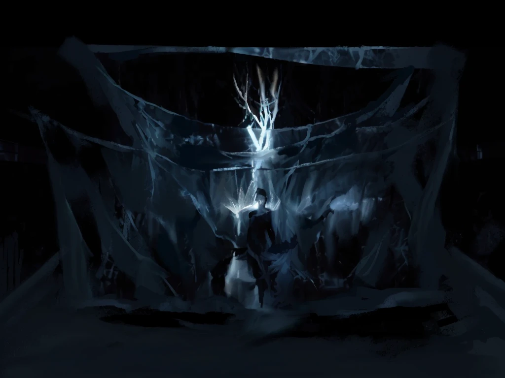 Stage scene concept,purdah、projection、forest、Plant vines、Light and shadow art fairy queen standing on the bed,In a cold cave, dark Concept Art, On the cold throne, winter Concept Art, dramatic Concept Art, Dramatic Lighting. Concept Art, Concept Art”, Concept Art ”, luminescent Concept Art, Concept Art, Concept Art