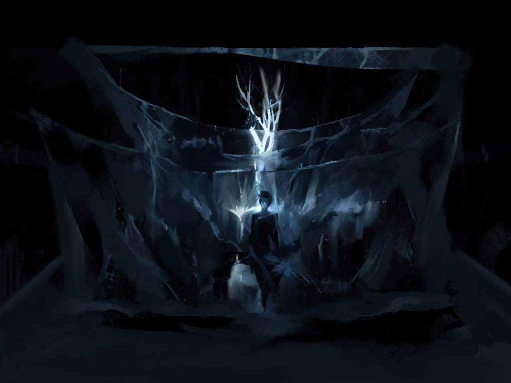 Stage scene concept,purdah、projection、forest、Plant vines、Light and shadow art fairy queen standing on the bed,In a cold cave, dark Concept Art, On the cold throne, winter Concept Art, dramatic Concept Art, Dramatic Lighting. Concept Art, Concept Art”, Concept Art ”, luminescent Concept Art, Concept Art, Concept Art