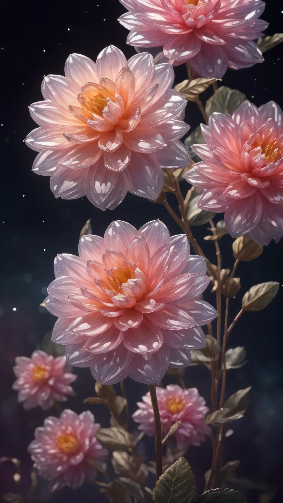 Crystal Blossom Flower,Dahlia Fantasy, Milky Way, transparent,
Sparkling, Sparkling, wonderful, colorful,
Magical Pictures, Dramatic lighting, Photographic realism, Super detailed, 4K, Depth of written boundary, High resolution