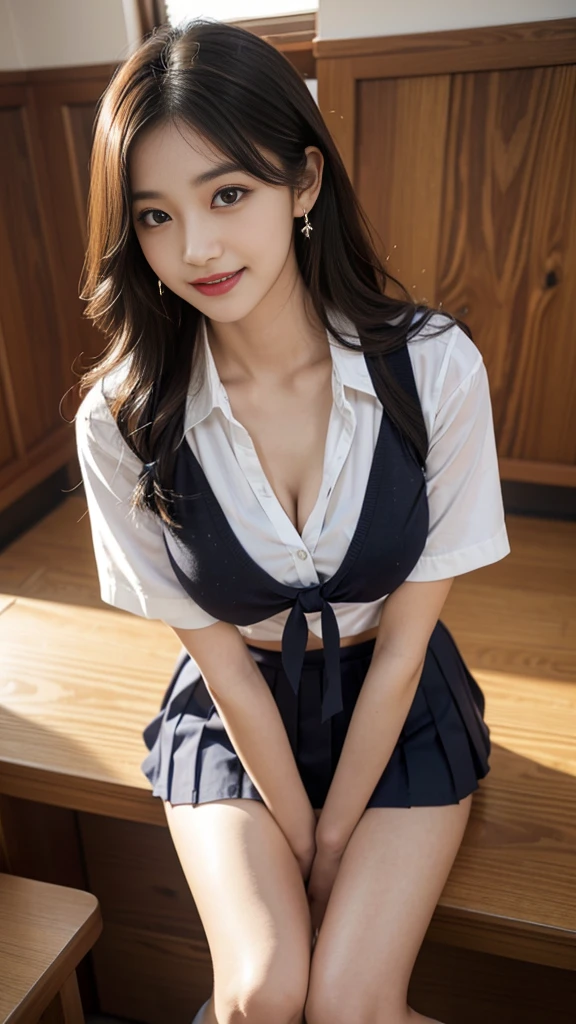 Korean school uniform, summer school uniform shirt, Ribbon Ties, short skirts, school classroom, school stairs, chest thrusting pose, 8K RAW photo, high resolucion, Cool 19 year old Korean, very big round chest, cleavage, beautiful eyes in detail, long eyeslashes, slender eyes, elongated eye shape, sanpaku eyes, malevolent grin, Evil Expression, Beautiful and very thin calves, Beautiful and thick thighs, Striped stockings，curlies，Large wavy hair, hair tied behind the head, Earrings, Gravure pose