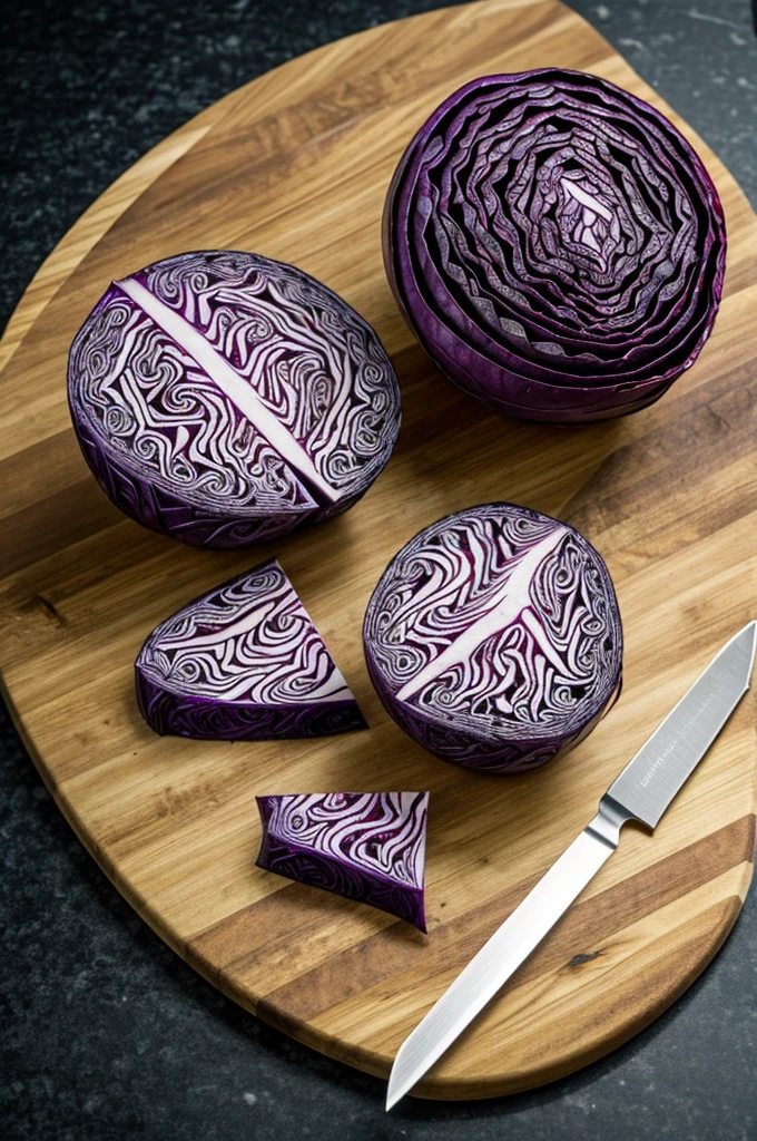 A whole red cabbage on a cutting board. A sharp knife lies next to him.