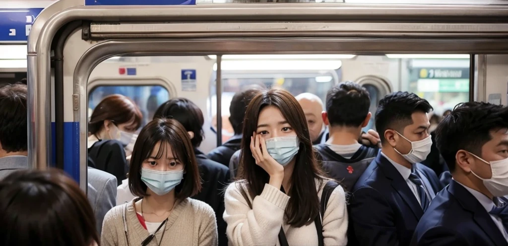 Embarrassed expression、crowded train