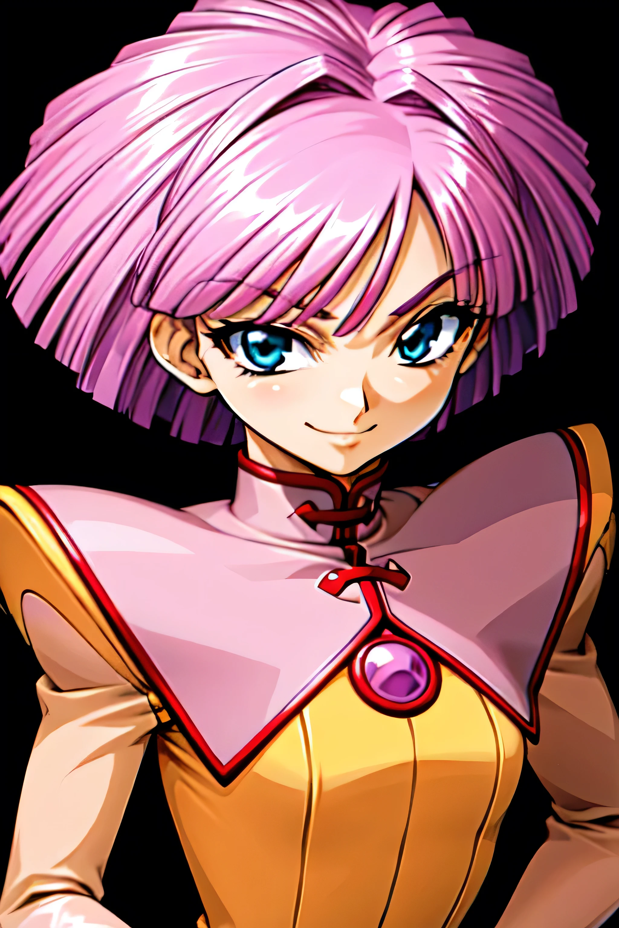 (best_quality 4K, 8K, High resolution, Masterpiece: 1.2), ultra detailed),from_below,(anime_screencap),(1girl,solo),dynamic_angle,too evil_smile,too evil laugh at,tis,deep dark_face,too sadistic,smile worst,,bob short  hair,,,looking at viewer,upper body,black background,