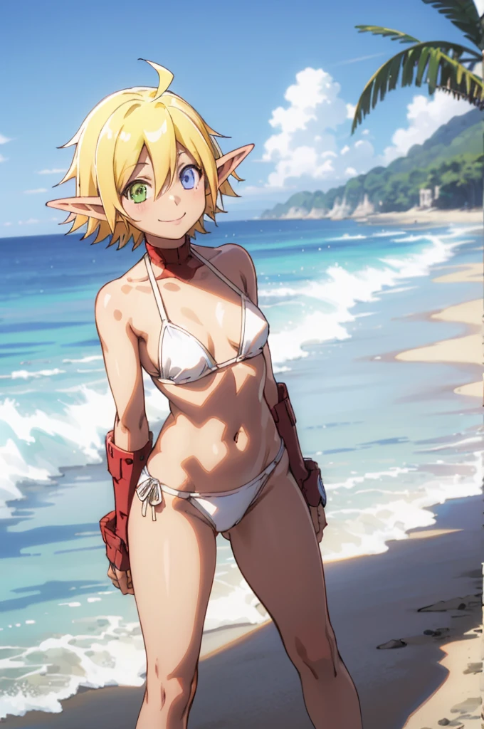 aura bella fiora, 1girl, elf, (white bikini, bare legs, bare arms, bare shoulders, navel, smile:1.1), standing, cowboy shot, (best quality, masterpiece:1.2) BREAK  beach, ocean