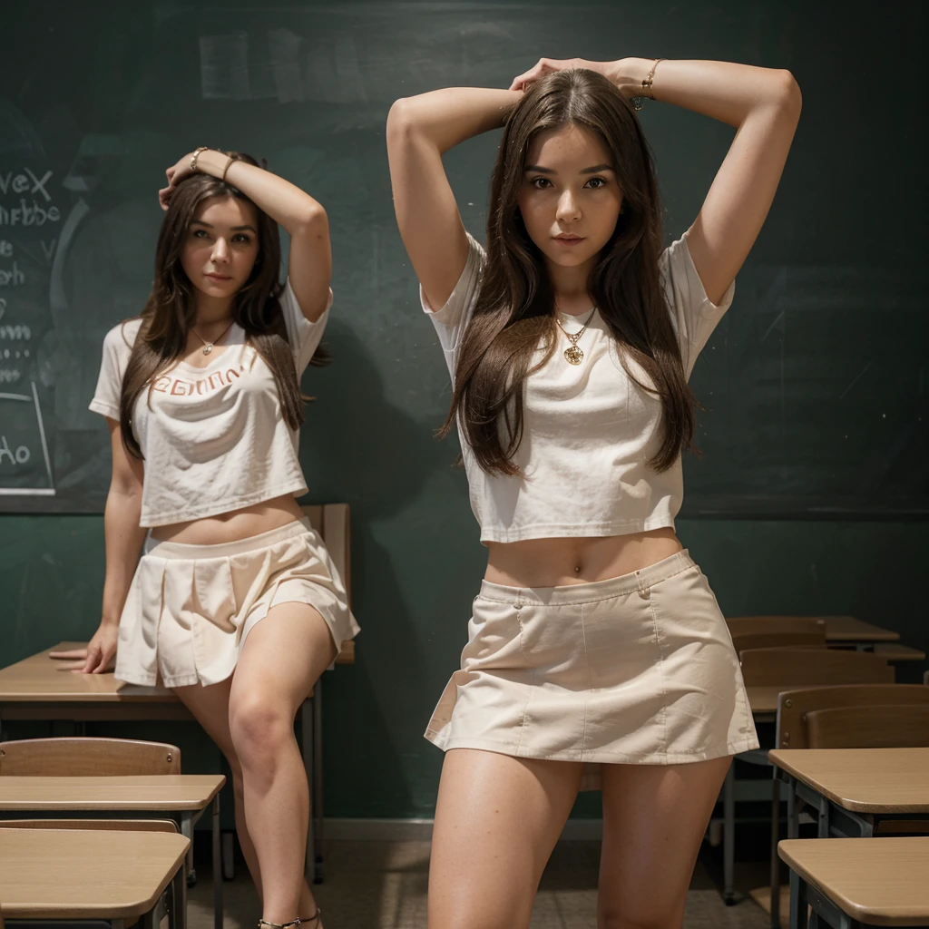 1girl in, 30 years old, Square face, Long hair, Looking at viewer, jewelry, Reality, Sexy, Short skirt outfit, classroom background , free pose