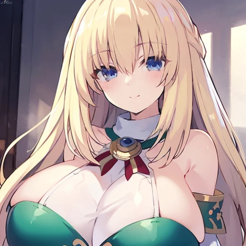 8k, 4k, intricate details, cinematic lighting, stunning environment, ornate, (realistic:0.9), detailed face, detailed eyes, detailed shadows, 1girl, curvy, blonde hair, blue eyes, blush, breasts, huge breasts, long hair, looking at viewer, white pantyhose, green and white dress, smile, solo, (vert_/neptune series/:1.1), very long hair, white gloves, white pantyhose,