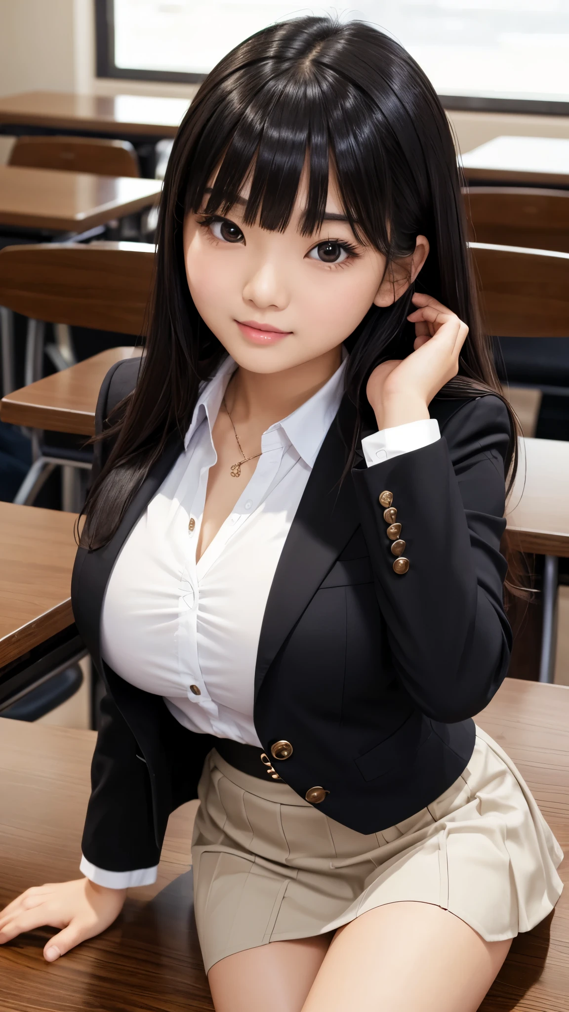 ((high quality)), ((Tabletop)), (Detailed face), (highlight), Asian Girl、Big breasts、thigh、Black Hair、Heavy bangs、high school girl、skirt、blazer、