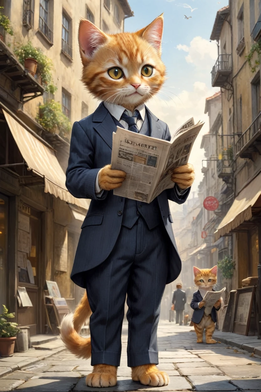 small, かわいいbornき物, Wearing a suit,Wearing suit pants, whole body, , Are standing, Costumes, Reading the Newspaper Fantasy Art, Exquisite detail, Jean-Baptiste Monge Style, Building district、Alan Lee Style, Anthropomorphic yellow-eyed tabby furry kitten, Movie Scenes, Dramatic shot angles, , Realistic, born々Amazing cinematic photorealism, Action Portrait, 8K, detailed, Full Frame