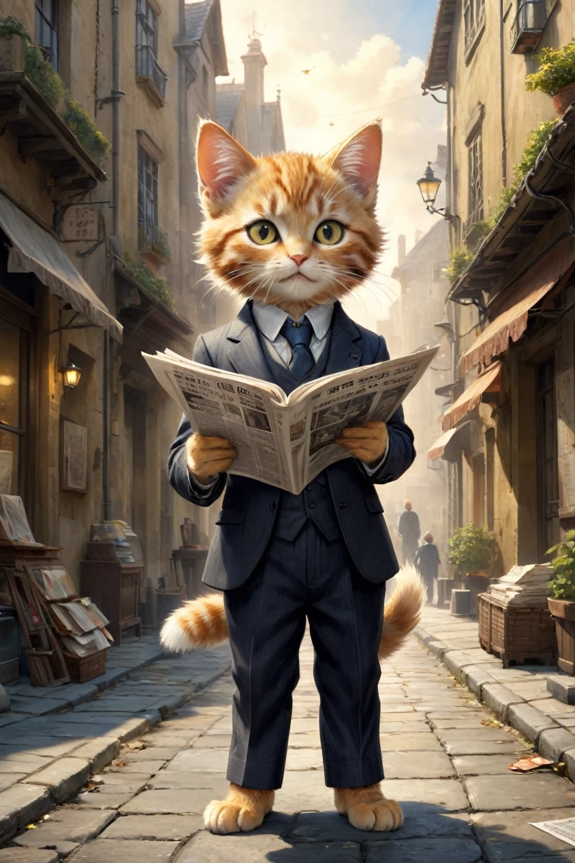  small, かわいいbornき物, Wearing a suit,Wearing suit pants, whole body, , Are standing, Costumes, Reading the Newspaper Fantasy Art, Exquisite detail, Jean-Baptiste Monge Style, Building district、Alan Lee Style, Anthropomorphic yellow-eyed tabby furry kitten, Movie Scenes, Dramatic shot angles, , Realistic, born々Amazing cinematic photorealism, Action Portrait, 8K, detailed, Full Frame