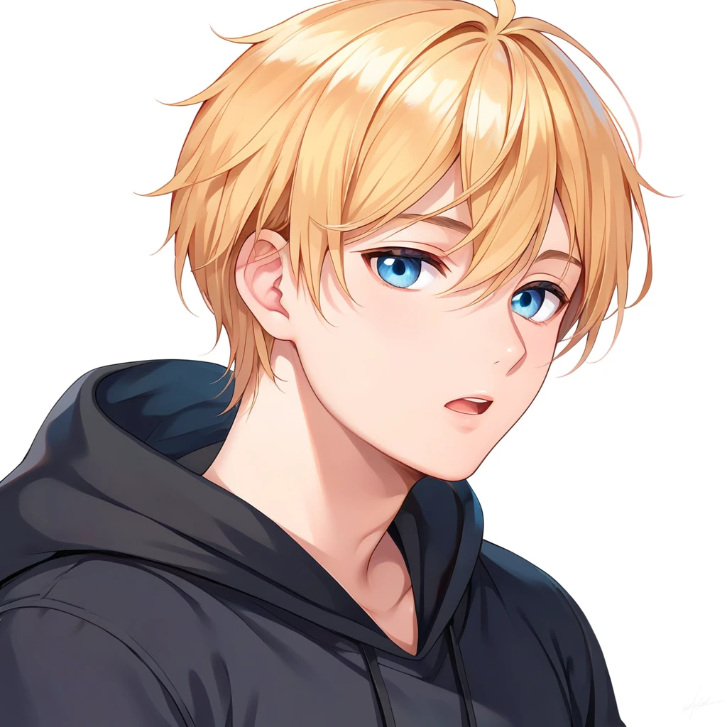 masterpiece , best quality , color , lineart , 1 boy , black hoodie shirt , golden hair , short hair , 20 years old , Handsome man , try to sit on a chair , sleeping face , close your eyes , open mouth , front , white backqround , simple backqround ,