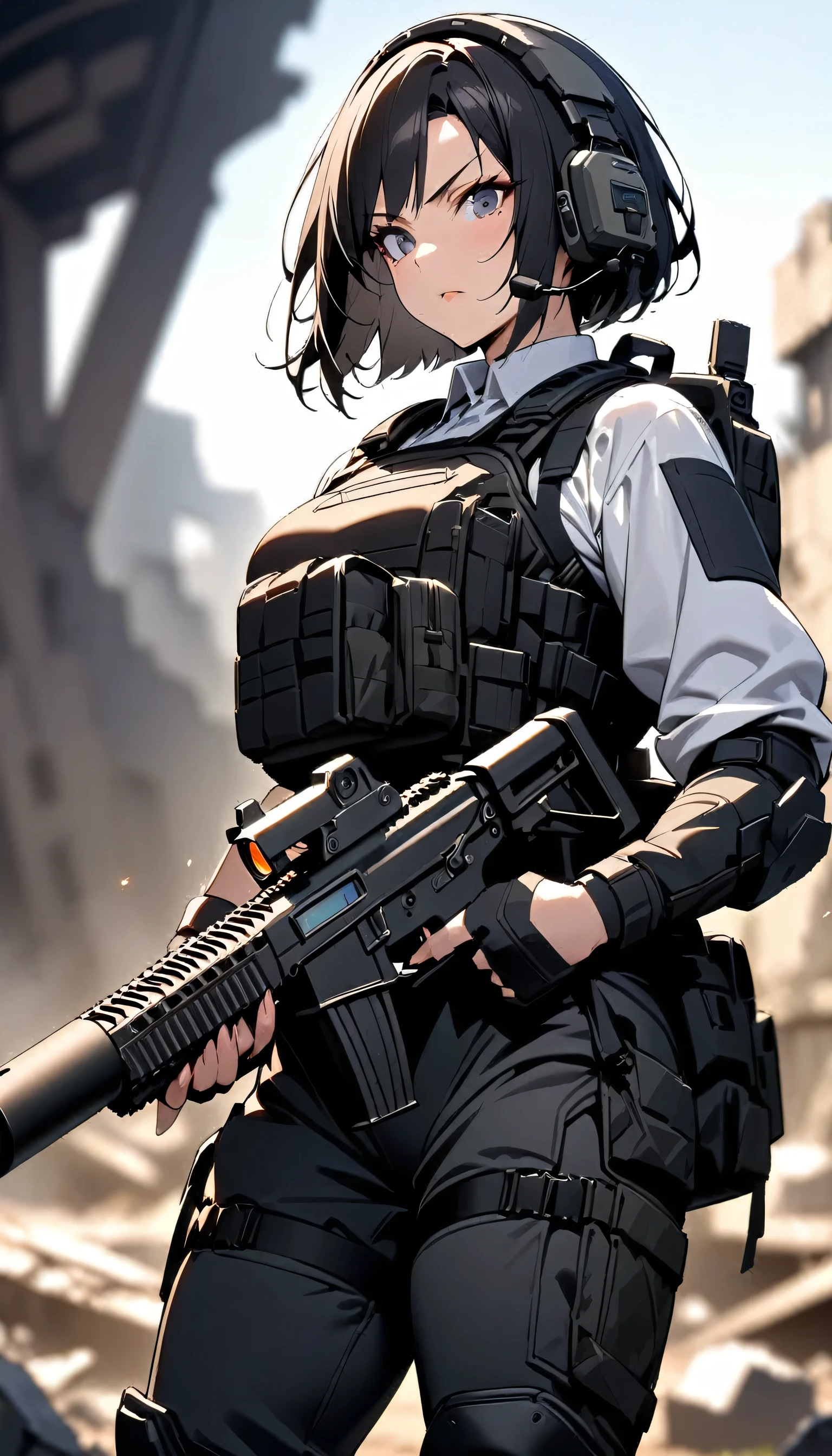 ((masterpiece)),((top quality)),((A high resolution)),((Very detailed)),one woman,48 years old,mature woman,Japanese,black hair,short bob,Beautiful eyes,Long eyelashes,beautiful hair,Beautiful skin,Serious,BREAK(((a gun))),a gun,White shirt,black body armor, Combat boots, Black Tactical Forster,tactical headset,(Background - ruins of ruins.),(((Blur background)))