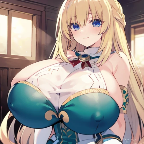 8k, 4k, intricate details, cinematic lighting, stunning environment, ornate, (realistic:1.1), detailed face, detailed eyes, detailed shadows, 1girl, curvy, blonde hair, blue eyes, blush, breasts, huge breasts, long hair, looking at viewer, white pantyhose, green and white dress, smile, solo, (vert_/neptune series/:1.1), very long hair, white gloves, white pantyhose,