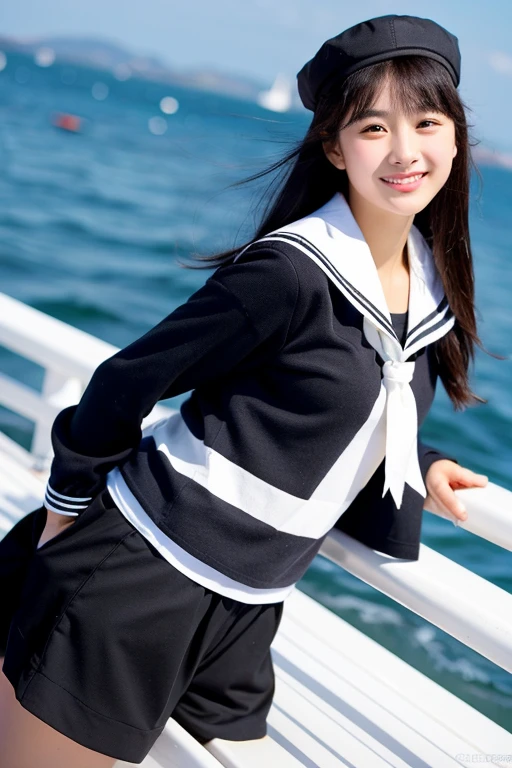 ((best quality)), ((masterpiece)), (detailed), 1girl, beautiful straight black long hair , beautiful smile ,sexy pose ,standing position , sailor jacket , top crop ,short pants , on the yacht , sea background , sailor hat
