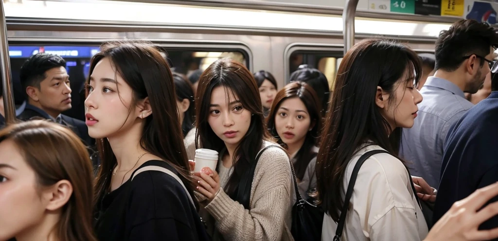 Feeling facial expression、crowded train、Light clothing
