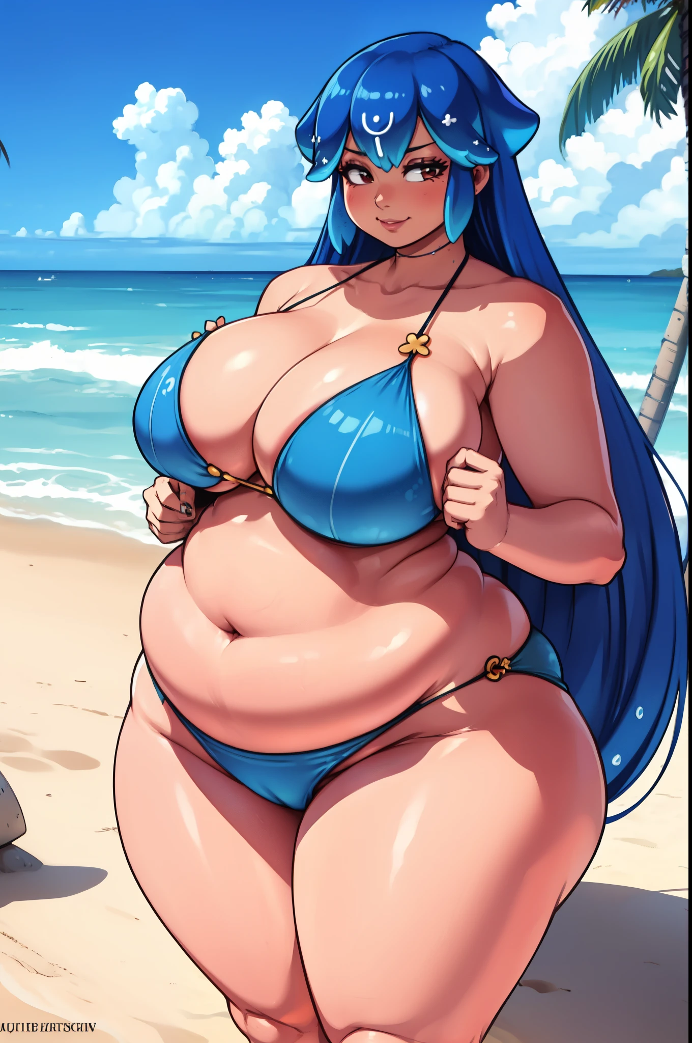 1woman, Bao, soft, curvy, wide hips, large breasts, on the beach, beautiful one piece swimsuit. blue hair. wide hips ,thick thighs, bottom heavy. fat bottom, chubby belly.