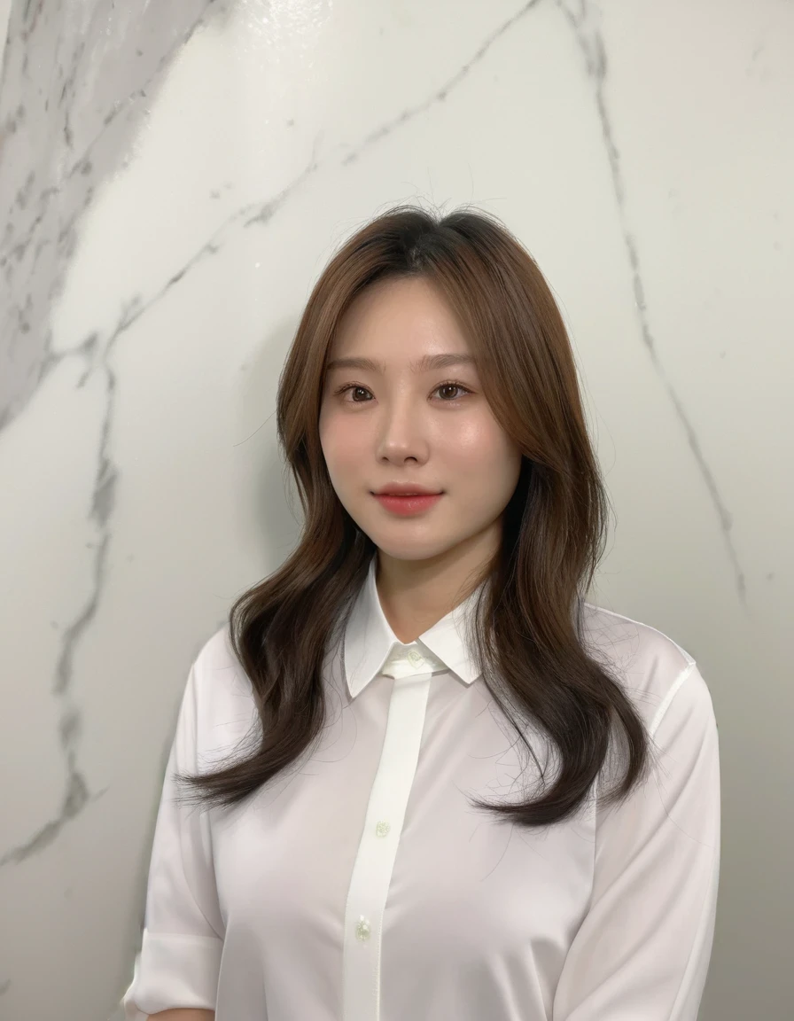 Best Quality, 8k, Masterpiece, (Portrait: 1.3), (photo realistic:1.4), (hyper realistic:1.4), Sharp Focus, looking at viewer, (smoother lighting:1.1), (increase cinematic lighting quality:0.9), realistic lighting, backlighting, light on face, ray trace, (brightening light:1.2), (Increase quality:1.4), sharp detail, (best quality real texture skin:1.4), finely detailed eyes, black_eyes, finely detailed face, 25 year old Korean woman, (white halterneck:1.4), (Create an image maintaining the original base model hairstyle:1.5)
