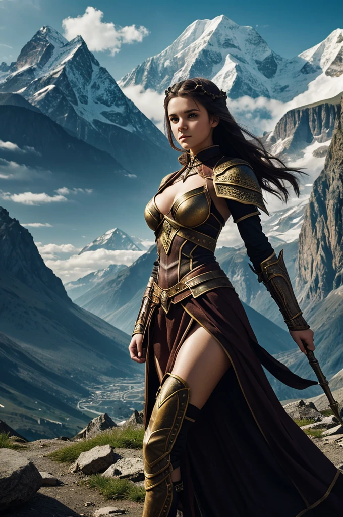 Fantasy with a warlike girl against the backdrop of mountains