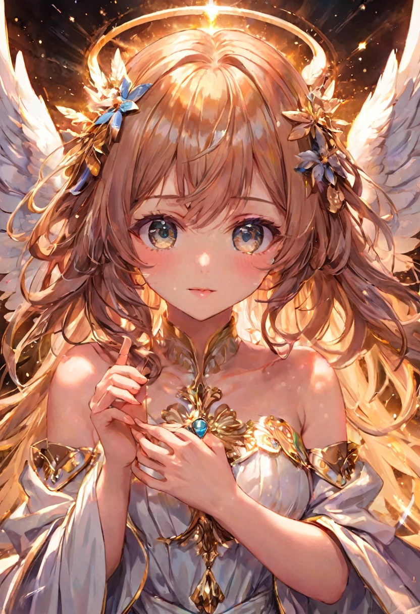 Anime Style, (Surrealist:1.2), beautiful, Master Parts, Highest quality, Highly detailed face, Perfect lighting, Nice hands, Perfect Arms, An angel shining with a sacred and heavenly splendor, (Heavenly Being:1.2), (Calm expression), (Majestic Wings), (Mysterious glow:1.1), (Peaceful and comfortable), (Superb beauty), (God's Grace), (A symbol of purity), (Golden Halo), (An uplifting atmosphere), (Kingdom of Heaven), (Spiritual Lighting), (Soft and protective), (Illumination light:1.2), (Angelic figures), (Harmony and tranquility), (Angel Robe), (Timeless and heavenly), (Captivating aura), (Healing and guidance)