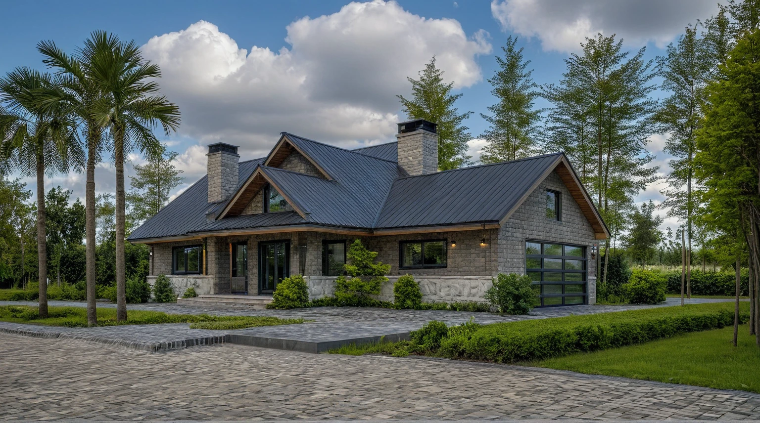 Masterpiece, high quality, best quality, surreal photo, super detailed, outdoor, villa, aiaigroup, modern townhouse style, swimming pool in front, accent wall Gray stone on the side right, road, sidewalk, grass, trees, sky, clouds (daylight: 1.1)