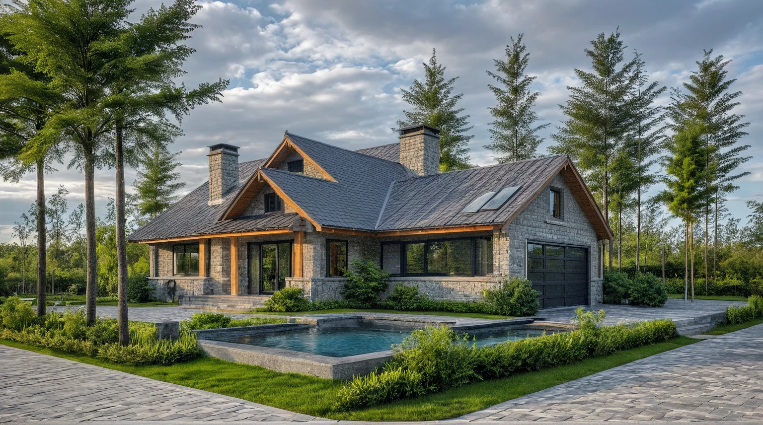 Masterpiece, high quality, best quality, surreal photo, super detailed, outdoor, villa, aiaigroup, modern townhouse style, swimming pool in front, accent wall Gray stone on the side right, road, sidewalk, grass, trees, sky, clouds (daylight: 1.1)