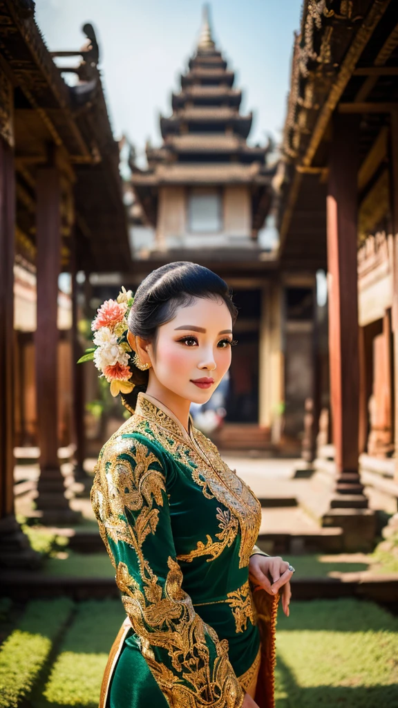 Photograph a stunning woman in a traditional Javanese kebaya, with Prambanan Temple's towering spires majestically in the background, her serene expression matching the historical ambiance
