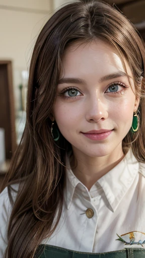 White woman, 35 years old, Brown hair, long hair, messy hair, Nice face, simetric face, Green eyes, Nice body, painter uniform, smile, earrings