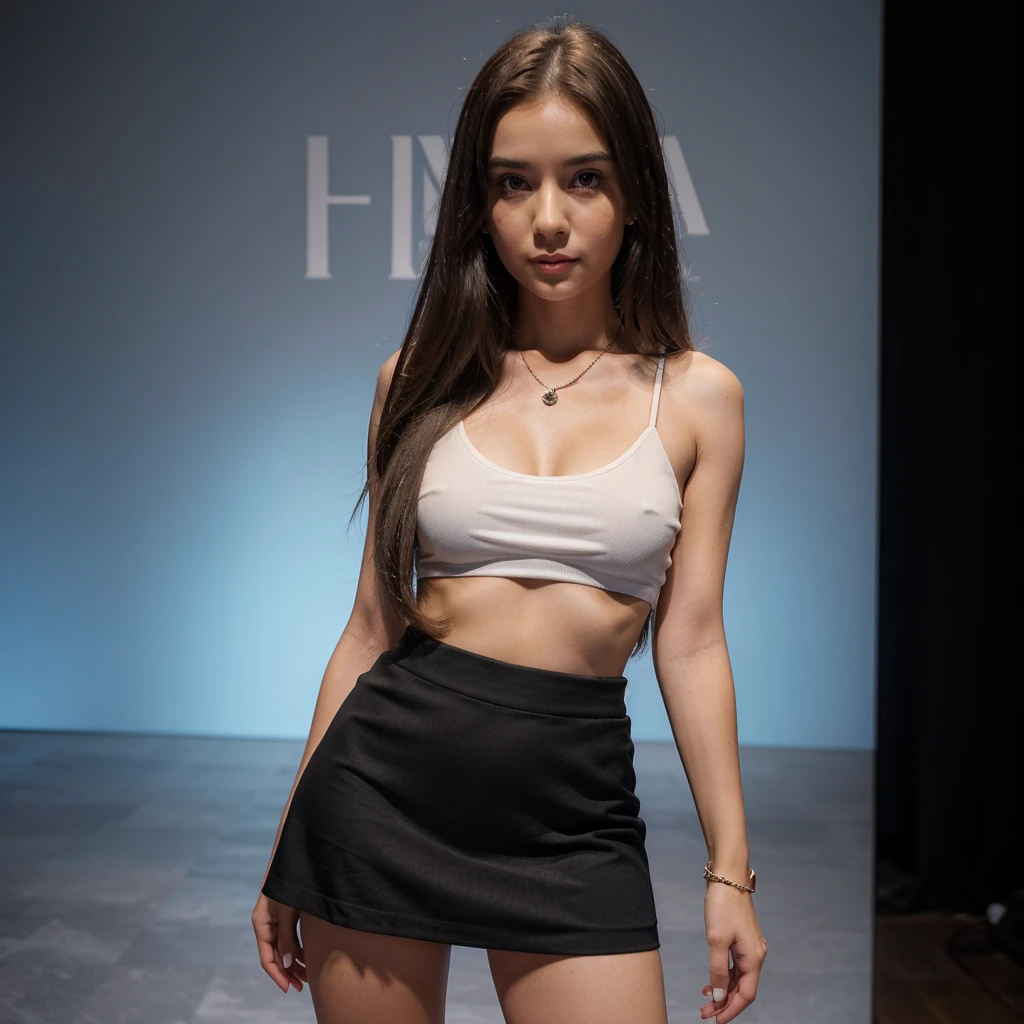 1girl in, 30 years old, Square face, Long hair, Looking at viewer, jewelry, Reality, Sexy, Short skirt outfit, fashion show backdrop , free pose