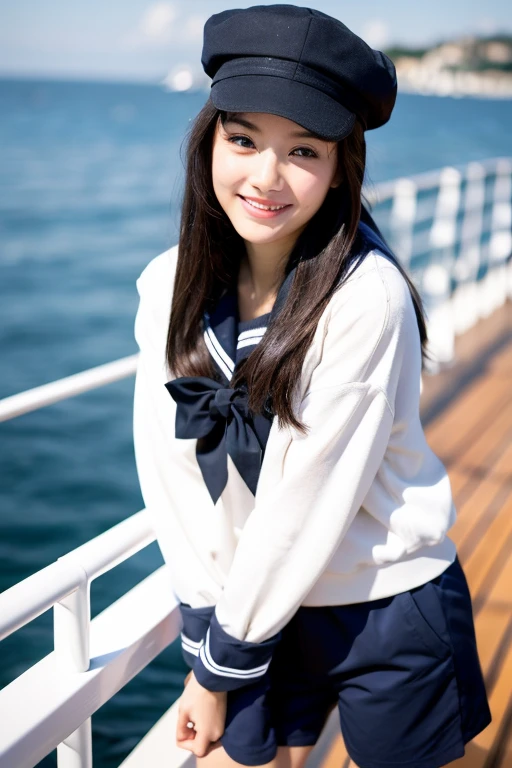 ((best quality)), ((masterpiece)), (detailed), 1girl, beautiful straight black long hair , beautiful smile ,sexy pose ,standing position , sailor jacket , top crop ,short pants , on the yacht , sea background , sailor hat