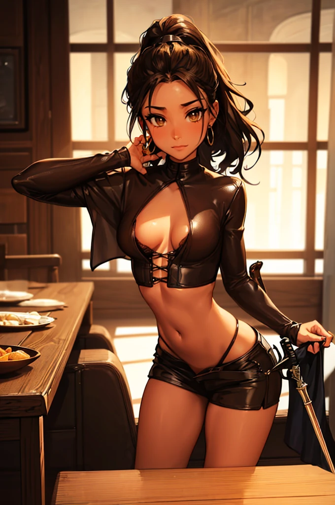 (masterpiece), best quality, expressive eyes, perfect face, (tavern background), (standing), (smirk), (closeup view), (1girl, vanessa alessia, dark skin, tanned skin, brown hair, wavy hairstyle, brown eyes, hourglass figure, thin body, skinny body, petite_body, medium breasts, thick thighs, long fingernails, white front lace blouse, long sleeve, loose fit, brown leather corset, brown leather shorts, brown boots, sheathed cutlass sword, flintlock pistol in holster, hoop earrings, miscellaneous jewelry),  big breasts, stripping, elegant makeup, exhibitionism, naked in public, , slim thighs, toned body, shiny skin, sexy pose,narrow hips, wearing high hip thong and see-through top, amber eyes, (((girl stripping on table))) extendeddownblouse_v10