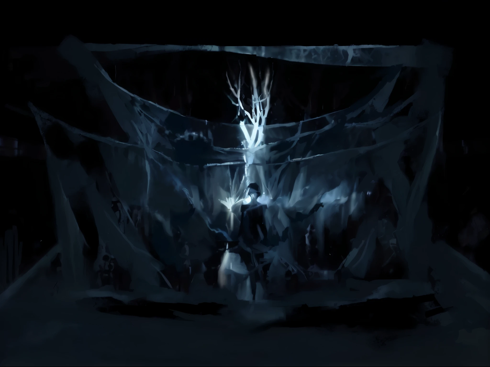 Stage scene concept,purdah、projection、forest、Plant vines、Light and shadow art fairy queen standing on the bed,In a cold cave, dark Concept Art, On the cold throne, winter Concept Art, dramatic Concept Art, Dramatic Lighting. Concept Art, Concept Art”, Concept Art ”, luminescent Concept Art, Concept Art, Concept Art
